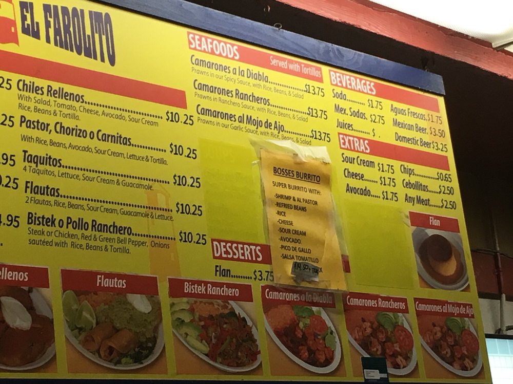 El Farolito in-store menu board showing seafood, complete meals, beverages, extras, and desserts